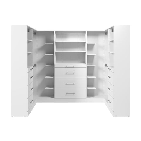 Système de rangement modulaire en U pour garde-robe walk-in avec tringles, tablettes et tiroirs 105L x 61P, style épuré