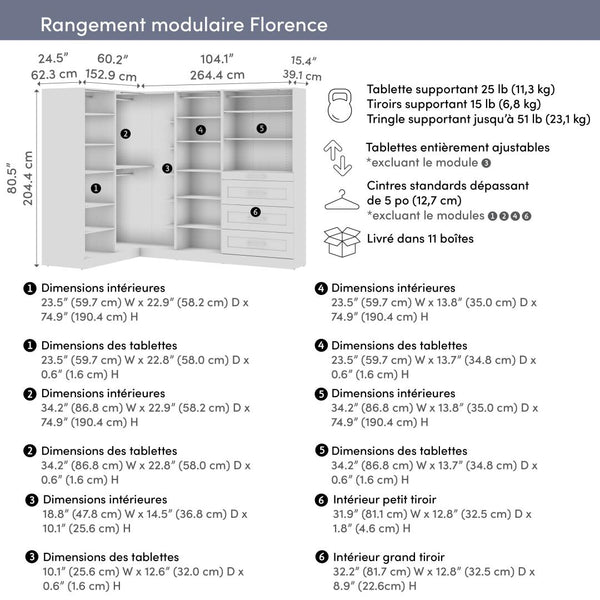 Système de rangement modulaire en L pour garde-robe walk-in avec lampes DEL, tringles, tablettes et tiroirs 105L x 61P, style Shaker
