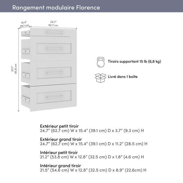 Ensemble de 4 tiroirs Shaker pour organisateur de garde-robe modulaire pour walk-in ou placard avec tablettes 25L x 16P Florence