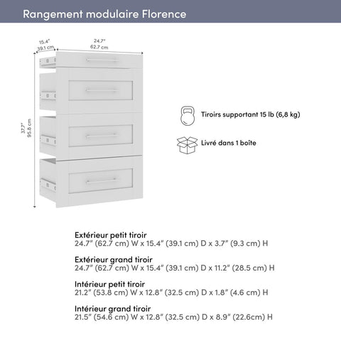 Ensemble de 4 tiroirs Shaker pour organisateur de garde-robe modulaire pour walk-in ou placard avec tablettes 25L x 16P Florence