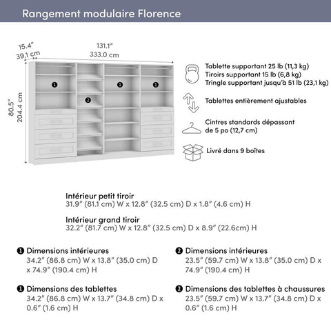 Modular Closet System with Shelves, Drawers, Clothing Rods & Shoe Racks, Shaker Style, 132W x 16D