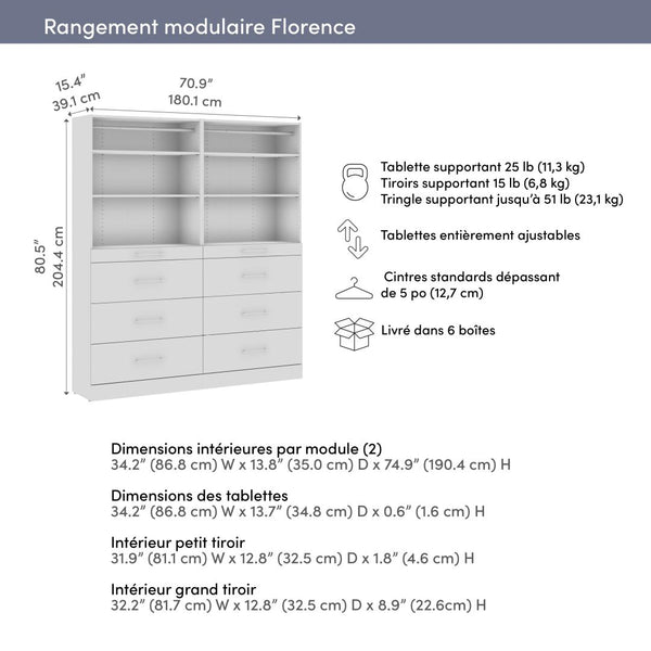 Système de rangement modulaire pour garde-robe walk-in ou placard avec tablettes et tiroirs 71L x 16P, style épuré