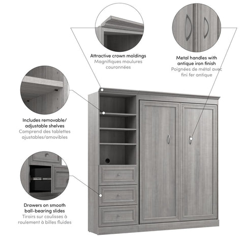 Lit escamotable double et organisateur de garde-robe avec tiroirs (84L)