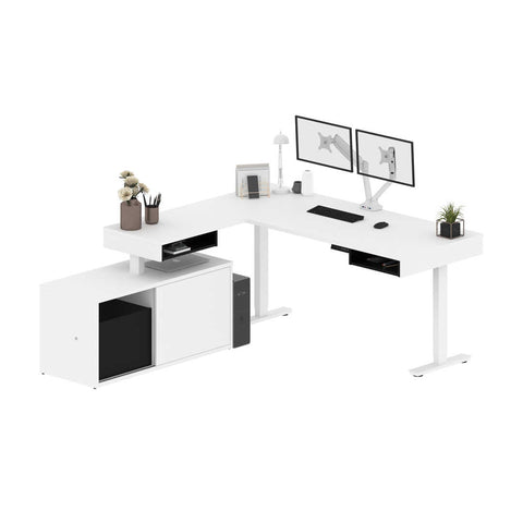 81W L-Shaped Standing Desk with Dual Monitor Arm and Credenza