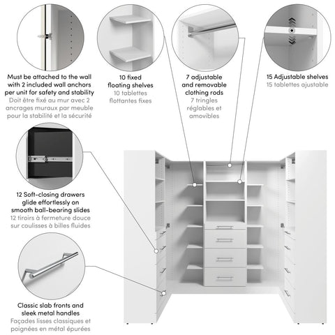 Système de rangement modulaire en U pour garde-robe walk-in avec tringles, tablettes et tiroirs 95L x 61P, style épuré