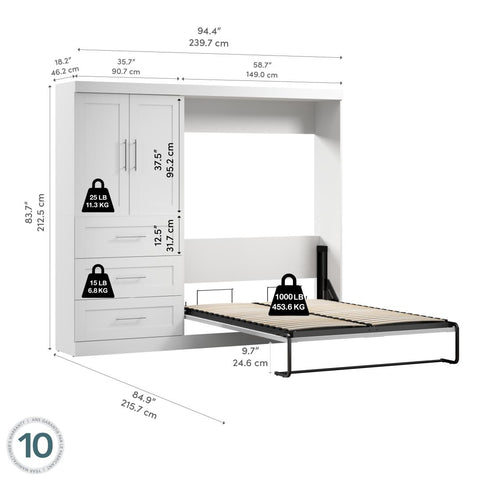 Full Murphy Bed and Storage Cabinet with Drawers (95W)