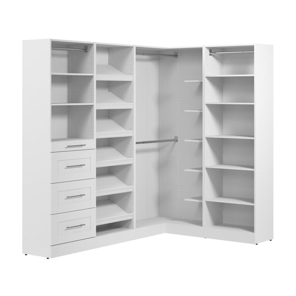 Système de rangement modulaire en L pour garde-robe walk-in avec tringles, tiroirs et tablettes à chaussures 85L x 60P, style Shaker
