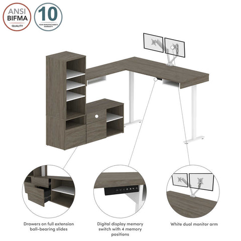 Deux bureaux assis-debout en L 72L avec supports doubles pour moniteurs et rangement