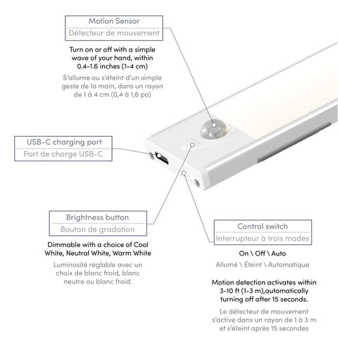 Dimmable Motion Sensor LED Light with USB-C Cable, 20-inch