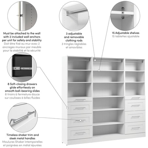 Système de rangement modulaire pour garde-robe walk-in ou placard avec tablettes et tiroirs 85L x 16P, style Shaker