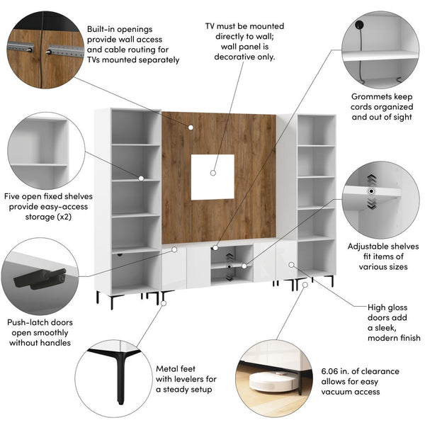118W Modular Entertainment Center with TV Stand, Media Storage Towers, and Small Wall Panel
