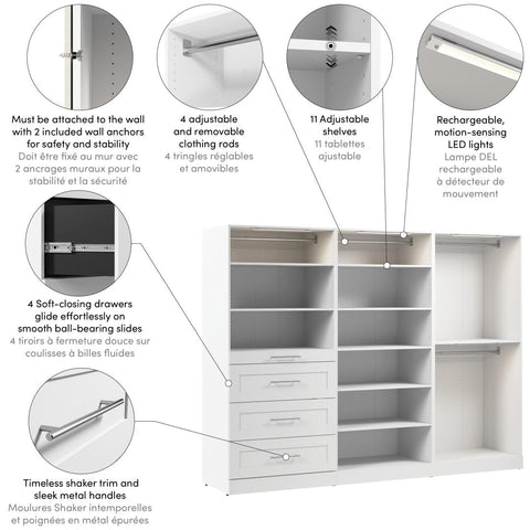 Système de rangement modulaire pour garde-robe walk-in avec lampes DEL, tringles, tablettes et tiroirs 107L x 25P, style Shaker