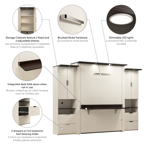114W Queen Murphy Bed with Desk and 2 Storage Cabinets