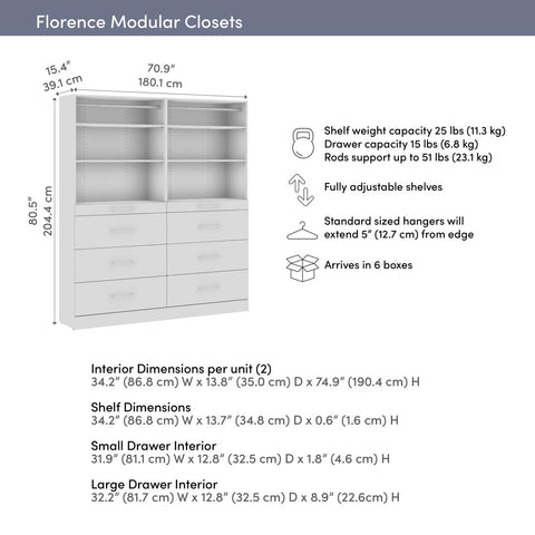 Modular Closet System with Shelves, Drawers & Clothing Rods, Slab Style, 71W x 16D