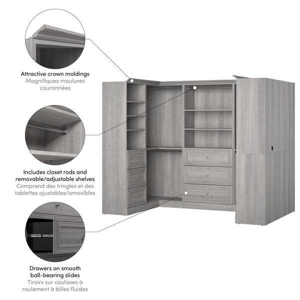 Traditional U-Shaped Closet System with Shelves, Drawers, Clothing Rods, Doors & Cubbies, 108W x 61D