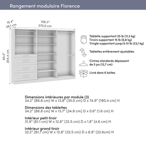 Système de rangement modulaire pour garde-robe walk-in avec tringles, tablettes et tiroirs 107L x 16P, style Shaker