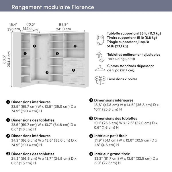 Système de rangement modulaire en L pour garde-robe walk-in avec tringles, tablettes et tiroirs 95L x 61P, style Shaker