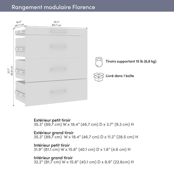 Ensemble de 4 tiroirs lisses pour organisateur de garde-robe modulaire pour walk-in ou placard avec tablettes 36L x 25P Florence