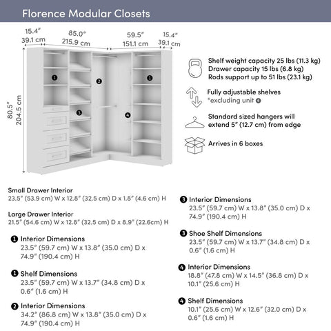 Système de rangement modulaire en L pour garde-robe walk-in avec tringles, tiroirs et tablettes à chaussures 85L x 60P, style Shaker