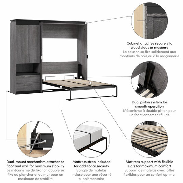 Lit escamotable double avec armoire et tablette coulissante (91L)