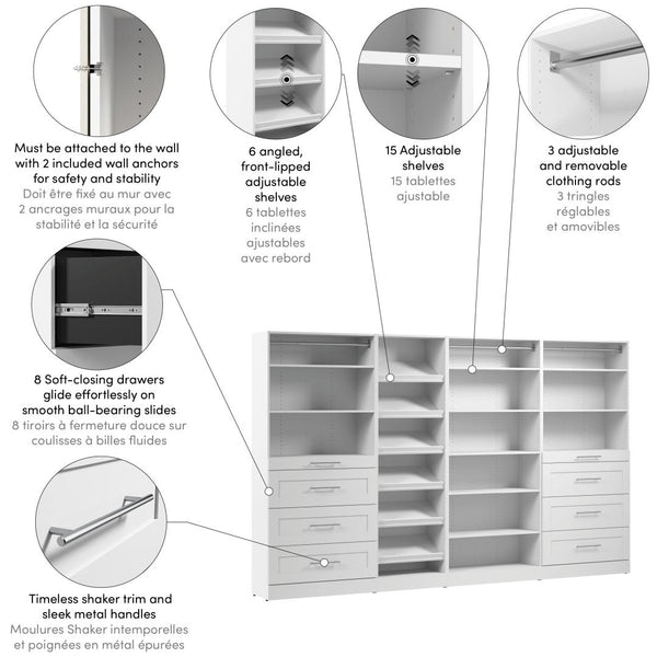 Système de rangement modulaire pour garde-robe walk-in avec tiroirs et tablettes à chaussures 132L x 16P, style Shaker