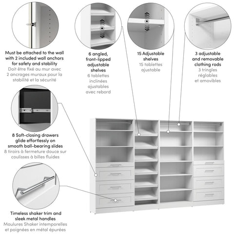 Système de rangement modulaire pour garde-robe walk-in avec tiroirs et tablettes à chaussures 132L x 16P, style Shaker