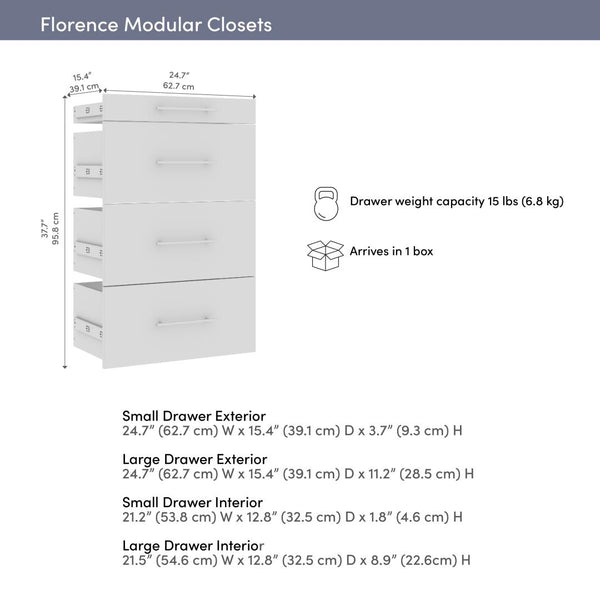 Ensemble de 4 tiroirs lisses pour organisateur de garde-robe modulaire pour walk-in ou placard avec tablettes 25L x 16P Florence