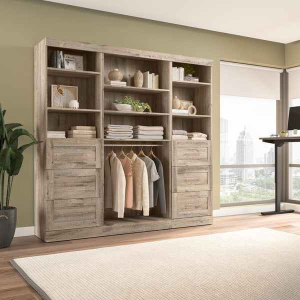 Contemporary Closet System with Shelves, Drawers & Clothing Rods, 86W x 19D