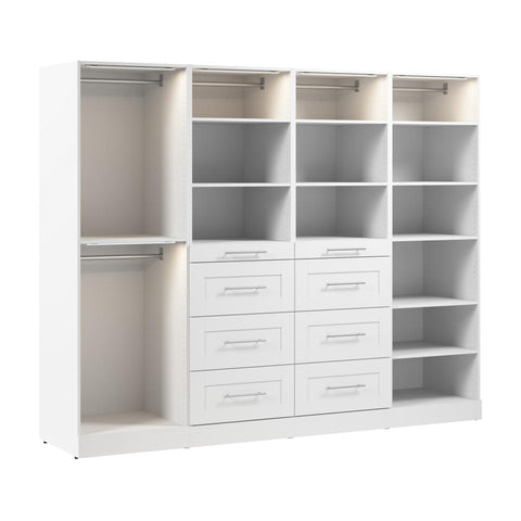 Système de rangement modulaire pour garde-robe walk-in ou placard avec lampes DEL, tringles, tablettes et tiroirs 100L x 25P, style Shaker