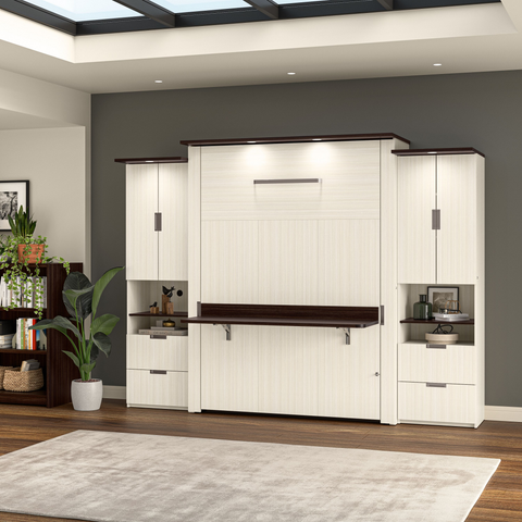 114W Queen Murphy Bed with Desk and 2 Storage Cabinets