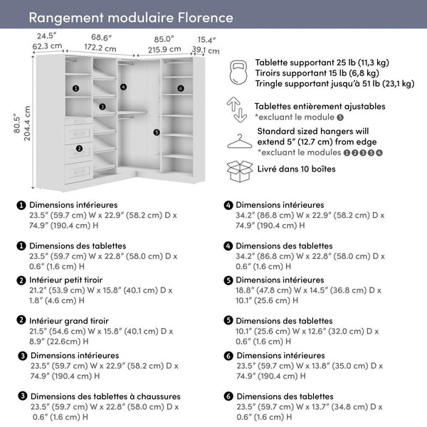 Système de rangement modulaire en L pour garde-robe walk-in avec lampes DEL, tringles, tiroirs et tablettes à chaussures 85L x 69P, style Shaker
