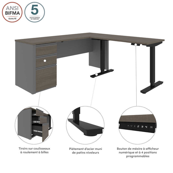 Bureau assis-debout en L 72L avec caisson