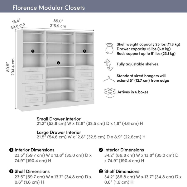 Système de rangement modulaire pour garde-robe walk-in ou placard avec tablettes et tiroirs 85L x 16P, style Shaker