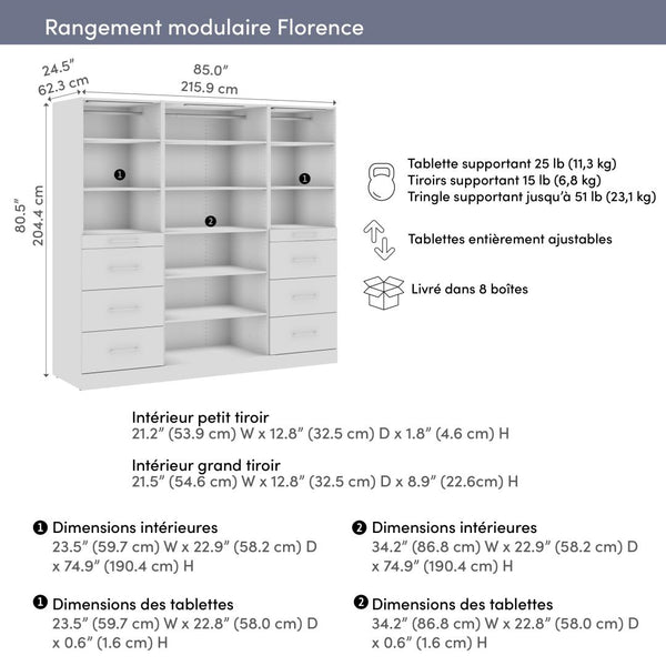 Système de rangement modulaire pour garde-robe walk-in ou placard avec lampes DEL, tablettes et tiroirs 85L x 25P, style épuré