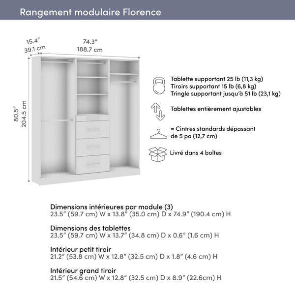 Système de rangement modulaire pour placard avec tringles, tablettes et tiroirs 75L x 16P, style épuré