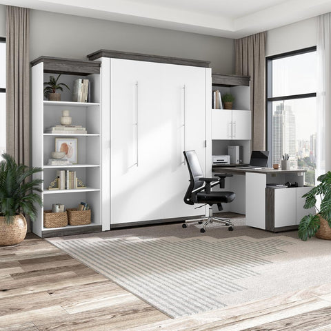 Grand lit escamotable avec tablettes et armoire avec bureau rétractable (126L)