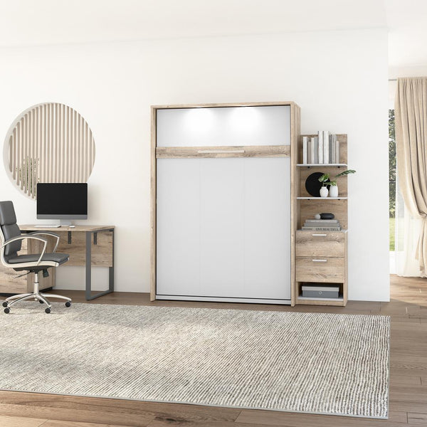 Lit escamotable double avec table de chevet et étagères flottantes (79L)