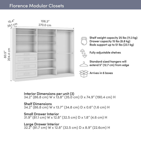 Système de rangement modulaire pour garde-robe walk-in avec tringles, tablettes et tiroirs 107L x 16P, style Shaker