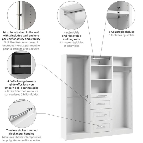 Système de rangement modulaire pour placard avec tringles, tablettes et tiroirs 75L x 16P, style Shaker