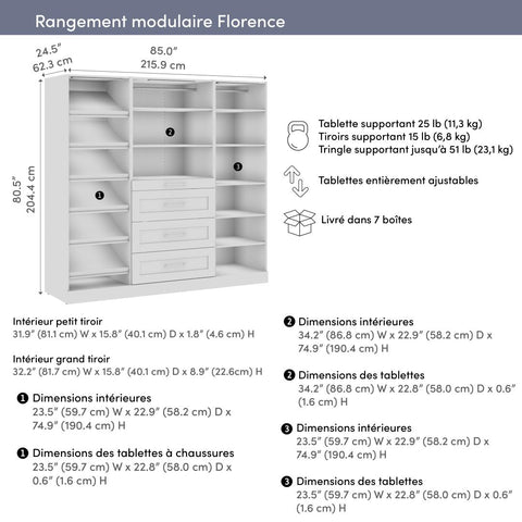 Système de rangement modulaire pour garde-robe walk-in ou placard avec lampes DEL, tiroirs et tablettes à chaussures 85L x 25P, style Shaker
