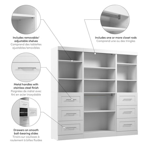 Contemporary Closet System with Shelves, Drawers & Clothing Rods, 86W x 19D