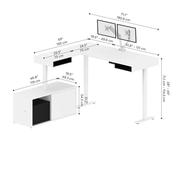 81W L-Shaped Standing Desk with Dual Monitor Arm and Credenza