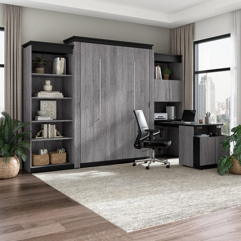 Grand lit escamotable avec tablettes et armoire avec bureau rétractable (126L)