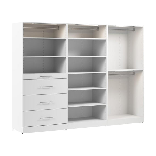 Système de rangement modulaire pour garde-robe walk-in avec lampes DEL, tringles, tablettes et tiroirs 107L x 25P, style épuré