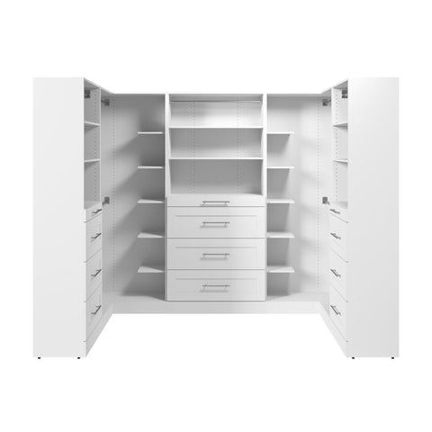 Système de rangement modulaire en U pour garde-robe walk-in avec tringles, tablettes et tiroirs 105L x 61P, style Shaker