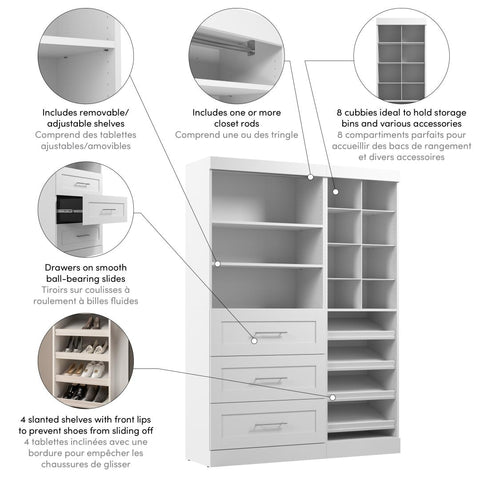 Contemporary Closet System with Drawers, Clothing Rods, Shoe Racks & Cubbies, 61W x 19D