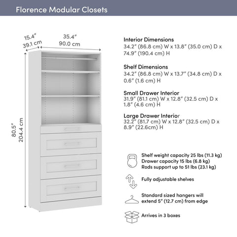 Modular Closet System with Shelves & Drawers, Shaker Style, 36W x 16D