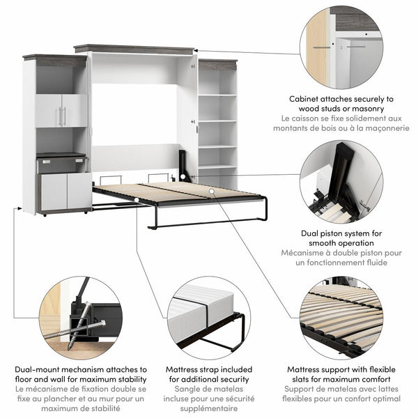 Grand lit escamotable avec tablettes et armoire avec bureau rétractable (126L)