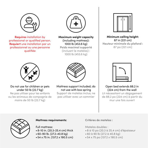 Lit escamotable double et organisateurs de garde-robe avec portes et tiroirs (113L)