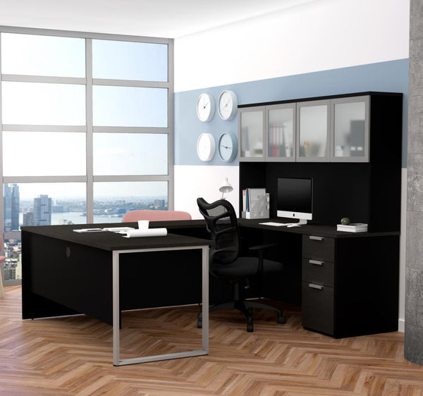 72W U-Shaped Executive Desk with Pedestal and Frosted Glass Doors Hutch